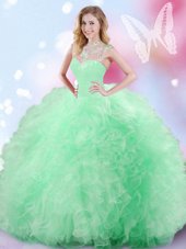 Fine Apple Green High-neck Neckline Beading and Ruffles and Sequins Sweet 16 Dress Sleeveless Zipper