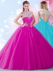 Scoop Beading and Sequins Ball Gown Prom Dress Fuchsia Zipper Sleeveless Floor Length