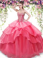 Smart Coral Red Sleeveless Beading and Ruffled Layers Floor Length Sweet 16 Dresses