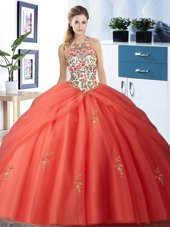 Exquisite Halter Top Pick Ups Floor Length Ball Gowns Sleeveless Orange Red 15 Quinceanera Dress Lace Up