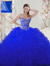 New Style Floor Length Ball Gowns Sleeveless Royal Blue Quince Ball Gowns Lace Up