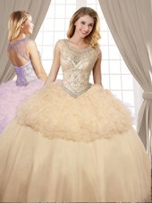 Scoop Champagne Sleeveless Organza and Tulle Lace Up Quinceanera Dresses for Military Ball and Sweet 16 and Quinceanera