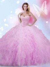 Lilac Tulle Lace Up Sweet 16 Dresses Sleeveless Floor Length Beading and Ruffles