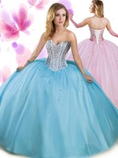 Multi-color Tulle Lace Up High-neck Sleeveless Floor Length 15 Quinceanera Dress Beading and Ruffles