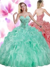 Classical Sleeveless Organza Floor Length Lace Up 15th Birthday Dress in Apple Green for with Beading and Ruffles
