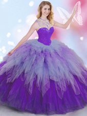 Superior Sleeveless Floor Length Beading and Ruffles Zipper Sweet 16 Quinceanera Dress with Multi-color