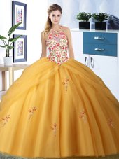 Low Price Halter Top Sleeveless Tulle Quinceanera Dresses Embroidery and Pick Ups Lace Up