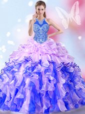 Halter Top Multi-color Organza Lace Up Sweet 16 Dress Sleeveless Floor Length Beading and Ruffles and Pick Ups