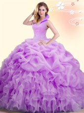 Lilac Backless High-neck Beading and Appliques and Pick Ups Quince Ball Gowns Organza Sleeveless