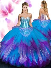 Sleeveless Tulle Floor Length Lace Up Sweet 16 Dresses in Multi-color for with Beading and Ruffled Layers