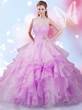 Sleeveless Beading and Ruffles Lace Up Quince Ball Gowns