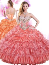 Watermelon Red Sleeveless Floor Length Beading and Ruffled Layers and Pick Ups Lace Up Quinceanera Gown