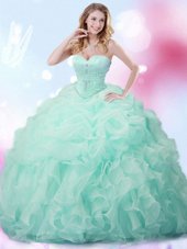 Admirable Sweetheart Sleeveless Quinceanera Gown With Brush Train Beading and Ruffles and Pick Ups Apple Green Organza