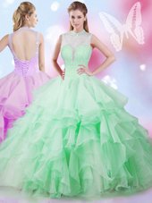 Affordable Apple Green Ball Gowns Tulle High-neck Sleeveless Beading and Ruffles Floor Length Lace Up Sweet 16 Dresses