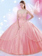 Custom Made Watermelon Red Ball Gowns Tulle High-neck Sleeveless Beading Floor Length Lace Up Quince Ball Gowns