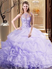 Romantic Scoop Pick Ups Lavender Sleeveless Organza Brush Train Lace Up Quinceanera Gowns for Military Ball and Sweet 16 and Quinceanera