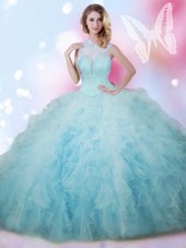 Admirable Sleeveless Floor Length Beading and Ruffles Lace Up 15 Quinceanera Dress with Baby Blue