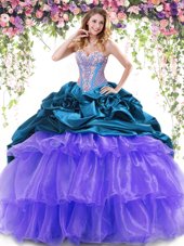 Dazzling Pick Ups Ruffled Brush Train Ball Gowns Quince Ball Gowns Multi-color Sweetheart Organza and Taffeta Sleeveless With Train Lace Up