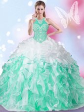 Beautiful Halter Top Sleeveless Organza Sweet 16 Quinceanera Dress Beading and Ruffles and Pick Ups Lace Up