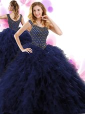 Sumptuous Scoop Navy Blue Ball Gowns Beading and Ruffles 15th Birthday Dress Zipper Tulle Sleeveless Floor Length