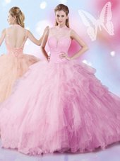 Floor Length Rose Pink Quinceanera Dress Tulle Sleeveless Beading and Ruffles