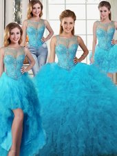 Four Piece Scoop Baby Blue Tulle Lace Up Quince Ball Gowns Sleeveless Floor Length Beading and Ruffles