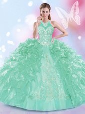Halter Top Floor Length Ball Gowns Sleeveless Apple Green Quince Ball Gowns Lace Up