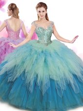 Hot Sale Cap Sleeves Tulle Floor Length Lace Up Sweet 16 Quinceanera Dress in Multi-color for with Beading and Ruffles