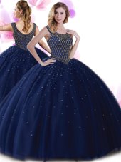 Scoop Navy Blue Zipper Ball Gown Prom Dress Beading Sleeveless Floor Length