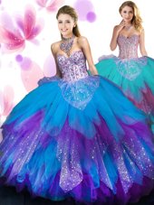 Fancy Ruffled Sweetheart Sleeveless Lace Up Quinceanera Gown Multi-color Tulle