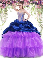 Beautiful Sleeveless Brush Train Beading and Ruffled Layers and Pick Ups Lace Up Quince Ball Gowns