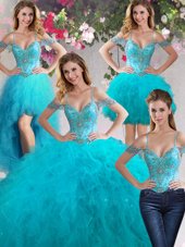 Four Piece Teal Lace Up Off The Shoulder Beading and Ruffles Quinceanera Dresses Tulle Sleeveless