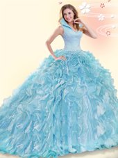 Deluxe Aqua Blue Quinceanera Dresses High-neck Sleeveless Brush Train Backless