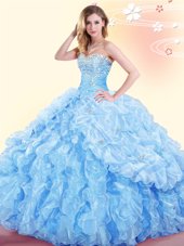 Charming Baby Blue Organza Lace Up Sweetheart Sleeveless Floor Length Sweet 16 Dresses Beading and Ruffles and Pick Ups