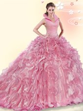 Pink Ball Gowns Organza High-neck Sleeveless Beading and Ruffles Backless Sweet 16 Quinceanera Dress Brush Train