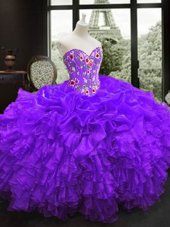 Purple Ball Gowns Sweetheart Sleeveless Organza Floor Length Lace Up Embroidery and Ruffles 15 Quinceanera Dress