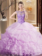 Lilac Scoop Lace Up Beading and Ruffles and Pick Ups Vestidos de Quinceanera Brush Train Sleeveless