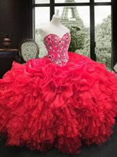 Ball Gowns Quinceanera Gowns Red Sweetheart Organza Sleeveless Floor Length Lace Up