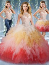 Admirable Halter Top Sleeveless Lace Up Floor Length Beading and Ruffles Quinceanera Dresses