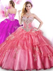 Trendy Coral Red Organza Lace Up Sweetheart Sleeveless Floor Length Quinceanera Dresses Beading and Appliques