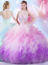 Clearance High-neck Sleeveless Sweet 16 Dresses Floor Length Beading and Ruffles Multi-color Tulle