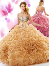 Fantastic Organza Sweetheart Sleeveless Court Train Lace Up Beading and Ruffles Ball Gown Prom Dress in Champagne