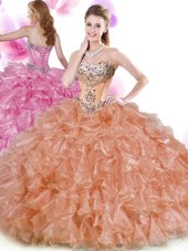 Rust Red and Peach Organza Lace Up Sweetheart Sleeveless Floor Length Quince Ball Gowns Beading and Ruffles