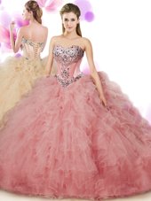 Floor Length Peach Quinceanera Gowns Sweetheart Sleeveless Lace Up