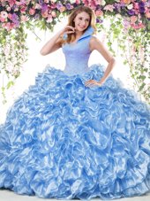 Blue Ball Gowns Organza High-neck Sleeveless Beading and Ruffles Floor Length Backless Vestidos de Quinceanera