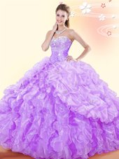 Flirting Lavender Organza Lace Up Sweetheart Sleeveless Floor Length Sweet 16 Dresses Beading and Ruffles and Pick Ups
