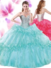 Turquoise Organza Lace Up Quinceanera Gowns Sleeveless Floor Length Beading and Pick Ups