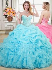 Edgy Floor Length Lace Up Sweet 16 Quinceanera Dress Aqua Blue and In for Military Ball and Sweet 16 and Quinceanera with Beading and Ruffles and Pick Ups