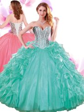 Shining Turquoise Sweet 16 Dress Military Ball and Sweet 16 and Quinceanera and For with Beading and Ruffles Sweetheart Sleeveless Lace Up