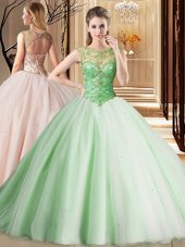 Scoop Sleeveless Tulle Quince Ball Gowns Beading Brush Train Lace Up